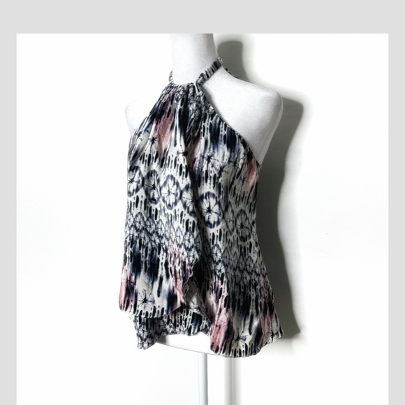 Amanda Uprichard Silk Top Halter Style Tie Neck Flyaway Styling Watercolor Print - Picture 8 of 12